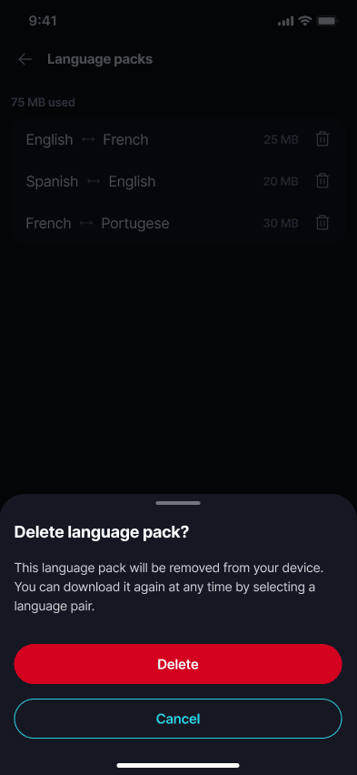 Language Packs π¦ Β· Mobile Delete language pack? Cancel keeps the pack, Delete removes it.