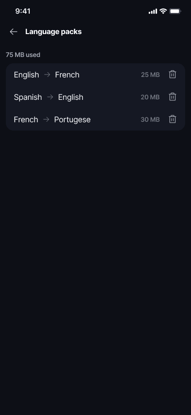 Language Packs π¦ Β· Mobile Each downloaded language pair is listed with its size and a delete action.